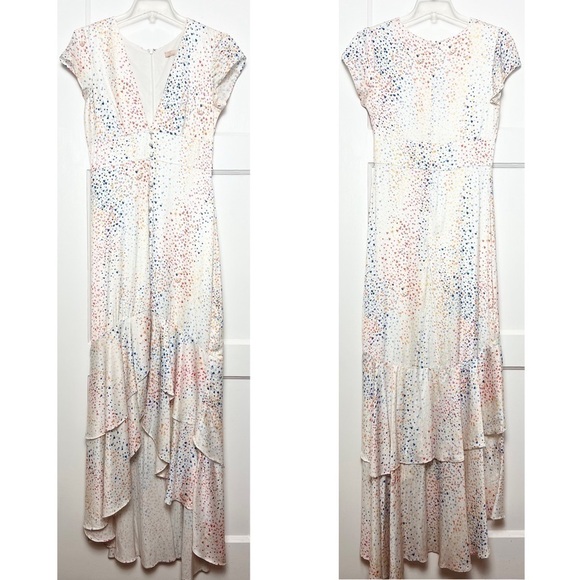 HUTCH Rainbow Hearts Satin V-Neck Button Up Tier Ruffle Short Sleeve Maxi Gown 2 - Picture 4 of 8